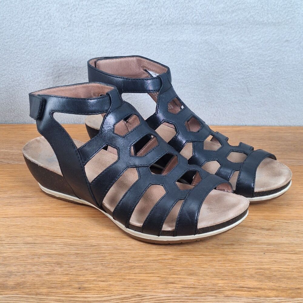 Dansko Valentina Women's 7.5 EU 38 Caged Gladiator Wedge Sandals Black Leather